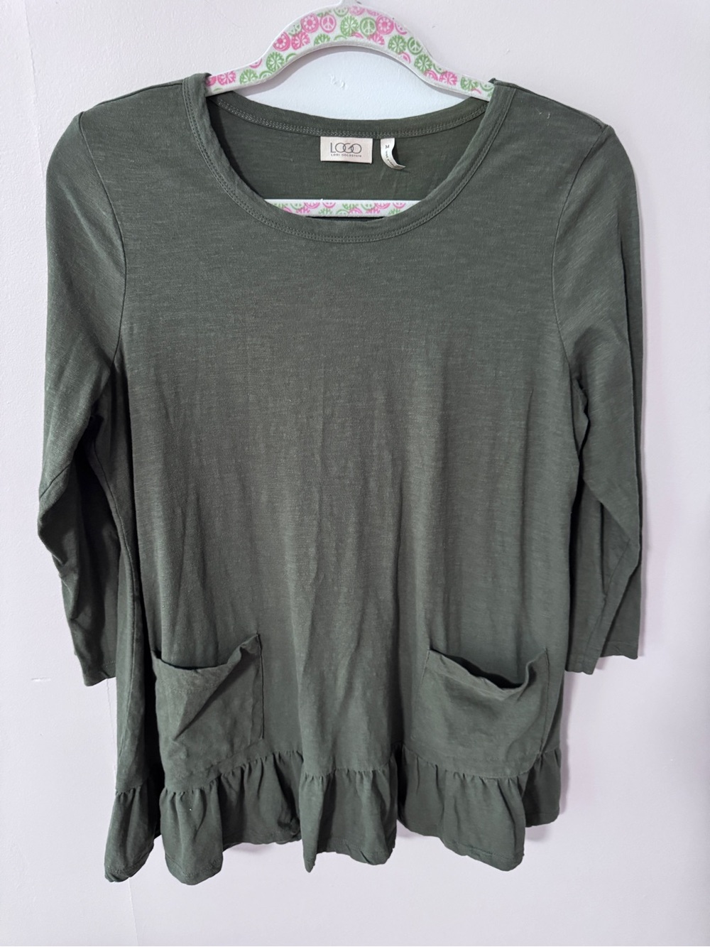 LOGO by Lori Goldstein Olive Ruffle-Hem Pocket Tunic Top